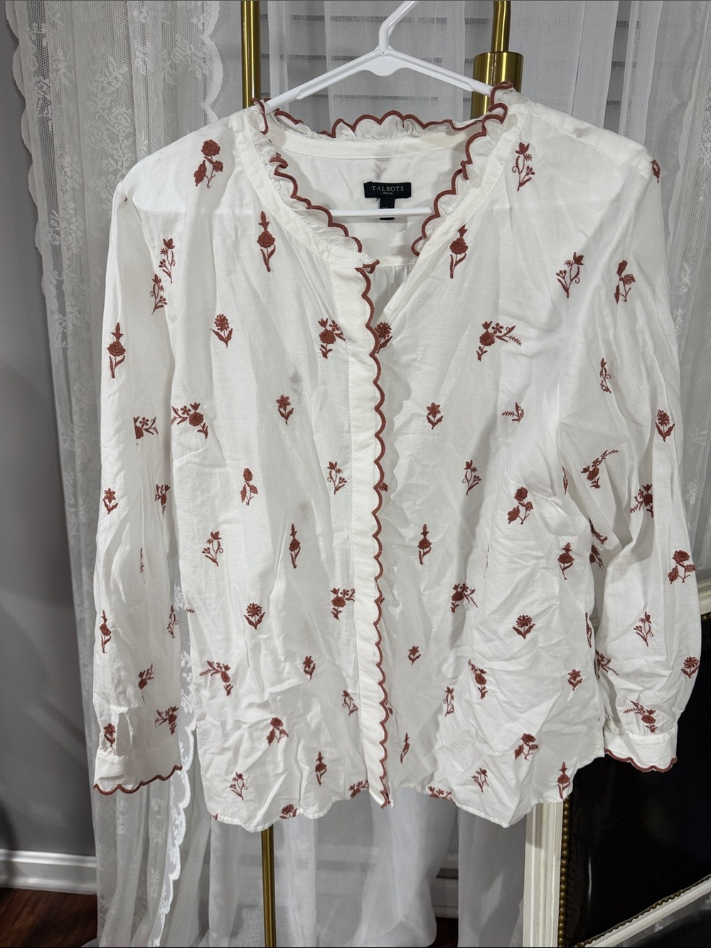 Talbots White Blouse with Rust Floral Scallop Trim
